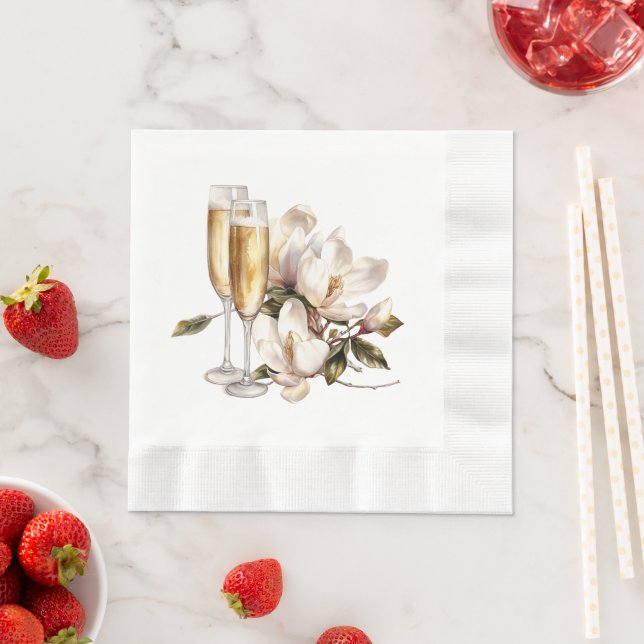 Serviette En Papier Mariage Magnolias et Lunettes de Champagne (En situation)