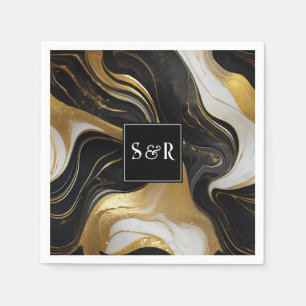 Serviette En Papier Mariage marbré Monogram Faux Gold, noir & blanc