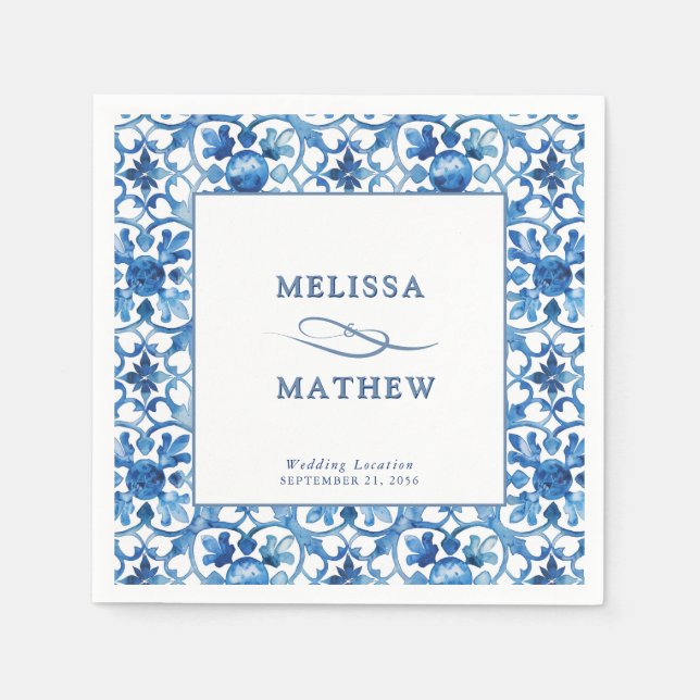 Serviette En Papier Mariage méditerranéen moderne bleu & blanc (Devant)