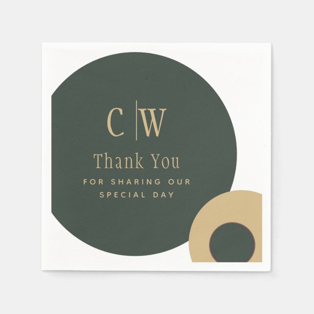 Serviette En Papier Mariage Merci Olive Green Or Monogramme (Devant)