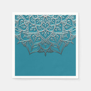 Serviette En Papier Mariage minimal élégant mandala argent et sarcelle