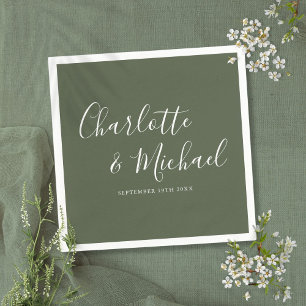 Serviette En Papier Mariage minimaliste Olive Green Élégant Signature