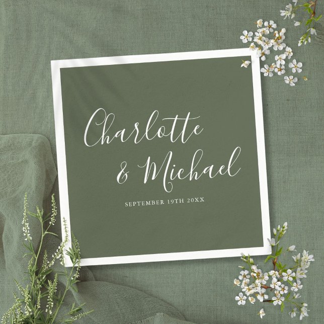 Serviette En Papier Mariage minimaliste Olive Green Élégant Signature (Minimalist Olive Green Elegant Signature Wedding Napkins)