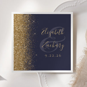 Serviette En Papier Mariage Moderne Bord Pailleté Bleu Foncé Or