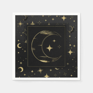 Serviette En Papier Mariage Moderne Céleste Lune Étoiles Noir & Or