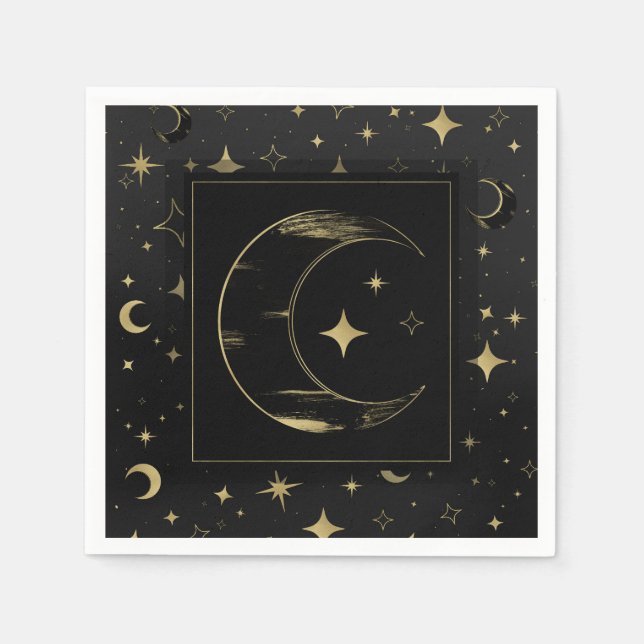 Serviette En Papier Mariage Moderne Céleste Lune Étoiles Noir & Or (Devant)
