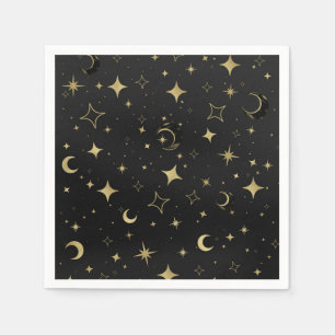 Serviette En Papier Mariage Moderne Céleste Lune Étoiles Noir & Or