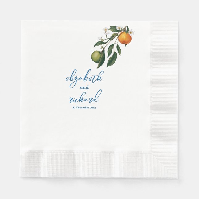 Serviette En Papier Mariage moderne méditerranéen citron bleu carreaux (Devant)