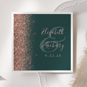 Serviette En Papier Mariage Moderne Vert Foncé Rose Or Paillettes Bord