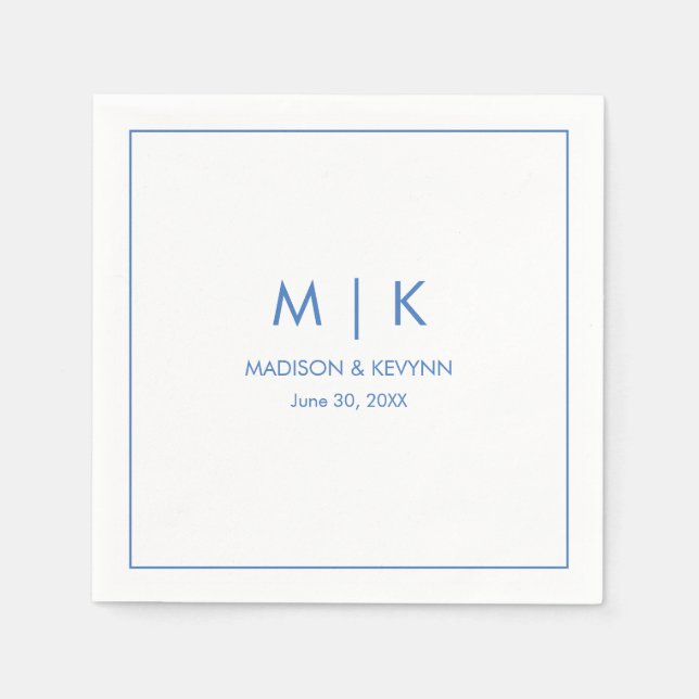 Serviette En Papier Mariage Monogramme bleu minimal et élégant (Devant)