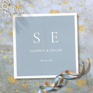 Serviette En Papier Mariage Monogramme Bleu Poussière Et Or