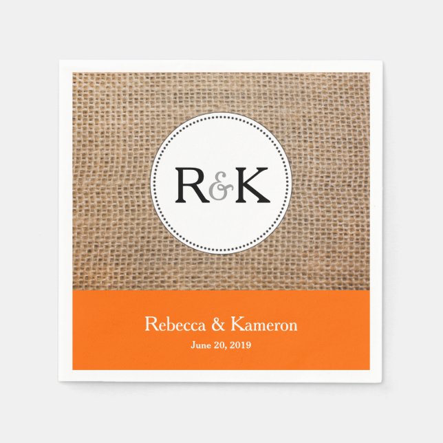 Serviette En Papier Mariage monogramme Burlap & Orange (Devant)