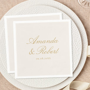 Serviette En Papier Mariage Monogramme Calligraphié Élégant Ivoire Or