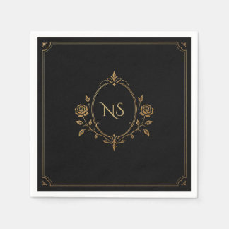 Serviette En Papier Mariage monogramme couple or noir vintage