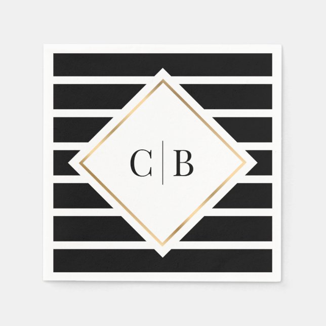 Serviette En Papier Mariage Monogramme de cadre or noir blanc rayures (Devant)