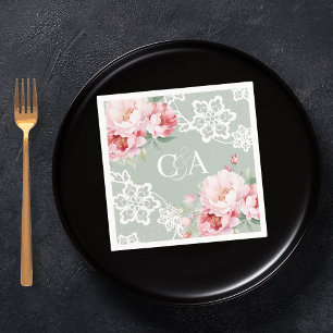 Serviette En Papier Mariage monogramme de fleurs de roses vertes