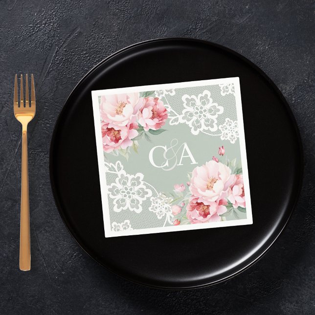 Serviette En Papier Mariage monogramme de fleurs de roses vertes (Créateur téléchargé)