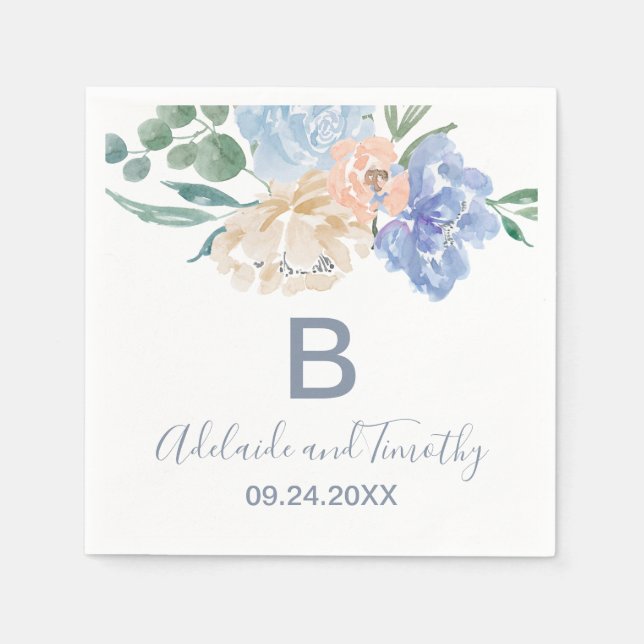 Serviette En Papier Mariage Monogramme Dusty Blue Florals (Devant)