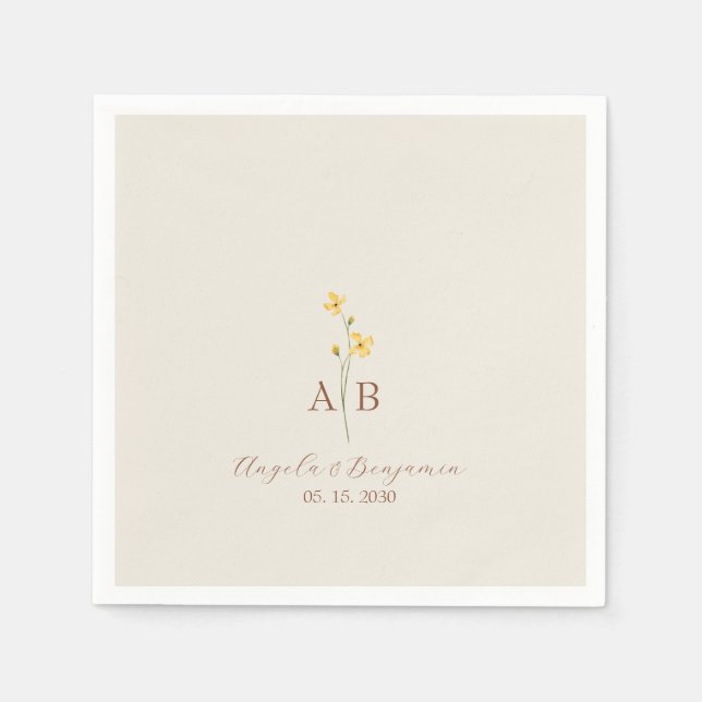 Serviette En Papier Mariage Monogramme Fleur sauvage minimaliste (Devant)