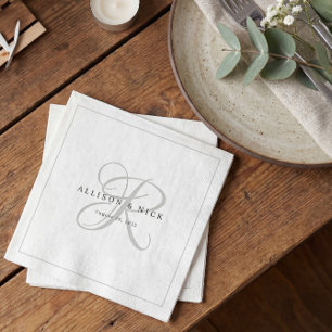 Serviette En Papier Mariage Monogramme Minimaliste Noir et Blanc