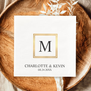Serviette En Papier Mariage Monogramme noir blanc cadre or moderne