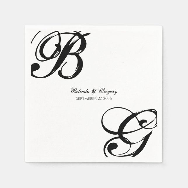 Serviette En Papier Mariage Monogramme noir et blanc (Devant)