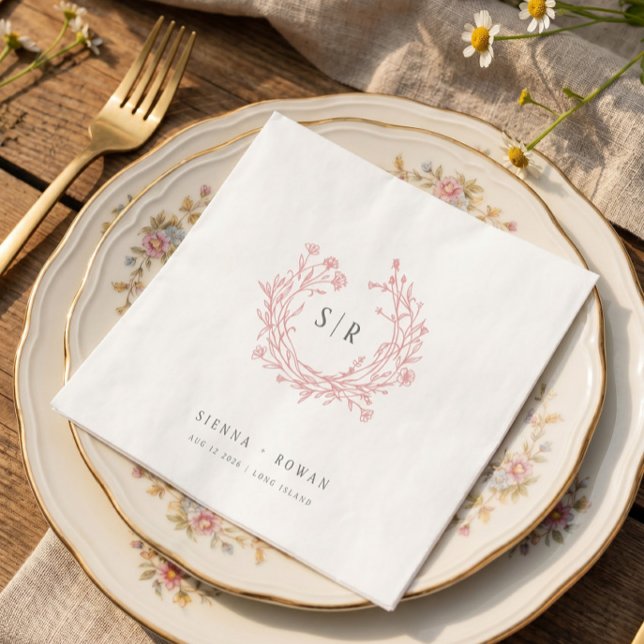 Serviette En Papier Mariage Monogramme Orné Bohème Rose Pâle (Créateur téléchargé)