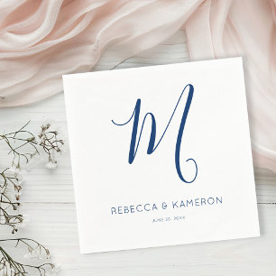 Serviette En Papier Mariage monogramme simple bleu et blanc marine
