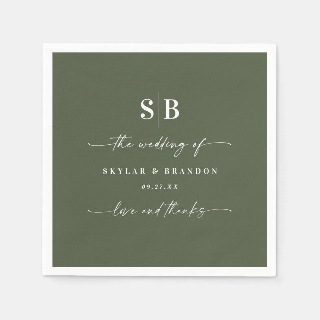 Serviette En Papier Mariage monogramme simple couleur solide vert fonc (Devant)