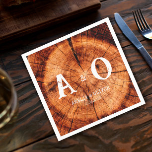 Serviette En Papier Mariage Monogramme Tranche d'Arbre en Bois Rustiqu