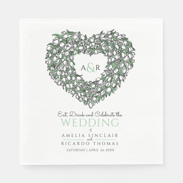 Serviette En Papier Mariage monogramme tulipes blanches dessin d'encre (Devant)