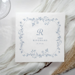 Serviette En Papier Mariage Monogramme Vintage Poussiéreux Bleu Floral