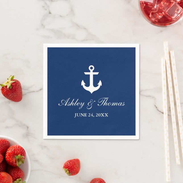 Serviette En Papier Mariage nautique Ancre Navy Blue Cocktail (En situation)