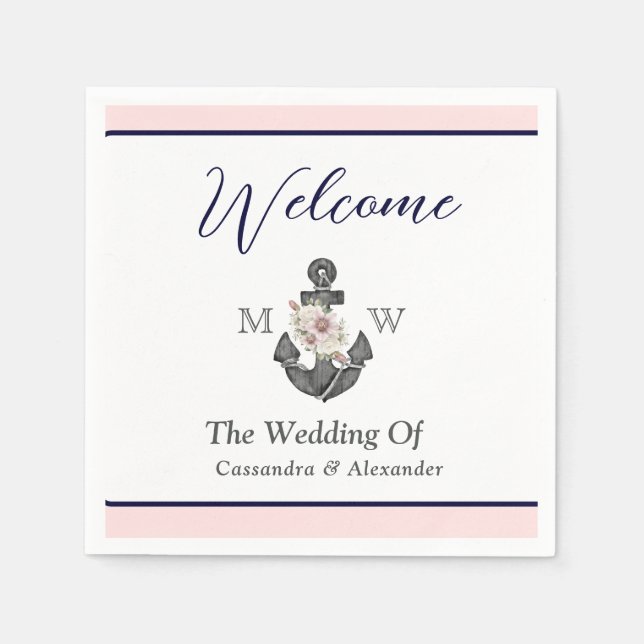 Serviette En Papier Mariage nautique Floral Ancre Rose Marine Bienvenu (Devant)