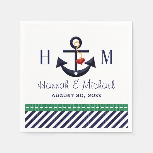 Serviette En Papier Mariage nautique Monogrammed Green et Ancre marine (Devant)