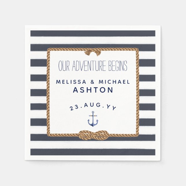 Serviette En Papier Mariage Nœud Marin Infini Rayure Bleu Marine et Bl (Devant)