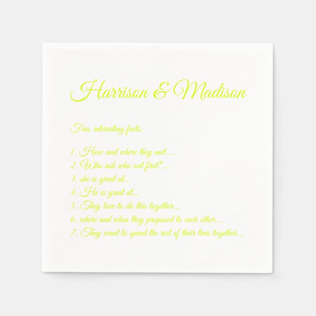 Serviette En Papier Mariage Noms de script Couple Fun Faits chartreuse (Devant)
