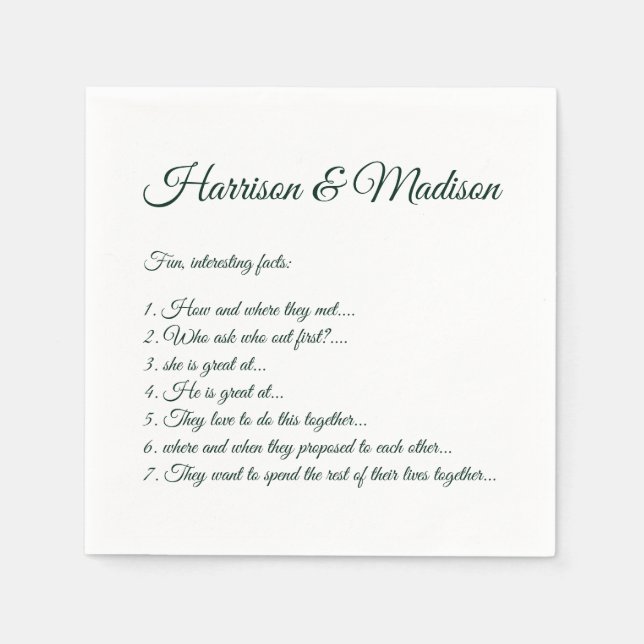 Serviette En Papier Mariage Noms de script Couple Fun Faits vert pin (Devant)