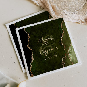 Serviette En Papier Mariage Olive Verte Agate Or Script