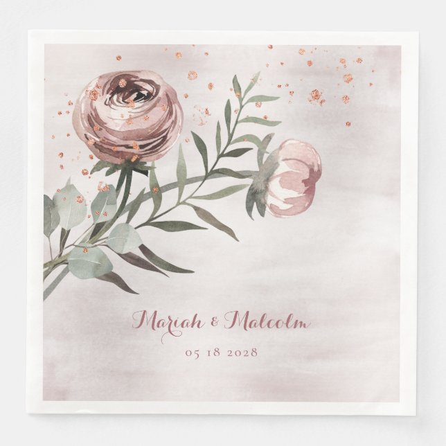 Serviette En Papier Mariage or Rose de Ranunculus rose (Devant)