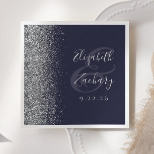 Serviette En Papier Mariage Pailleté Argent Bleu Foncé
