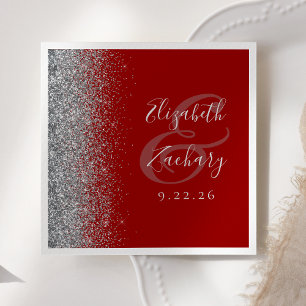 Serviette En Papier Mariage Pailleté Rouge Cramoisi Argent