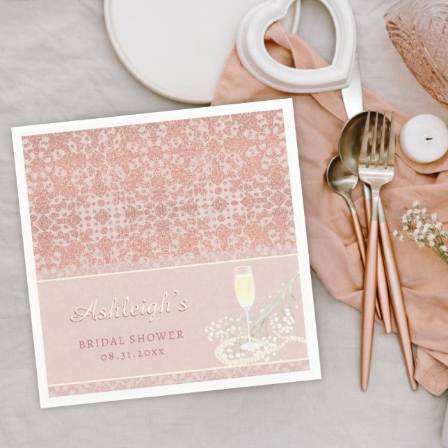 Serviette En Papier Mariage Pearls & Prosecco Rose Gold & Blush (Créateur téléchargé)