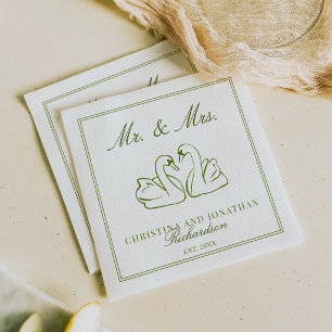 Serviette En Papier Mariage personnalisé Cygnes Vert Olive Argent Anci