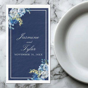Serviette En Papier Mariage personnalisé élégant à fleurs bleues marin