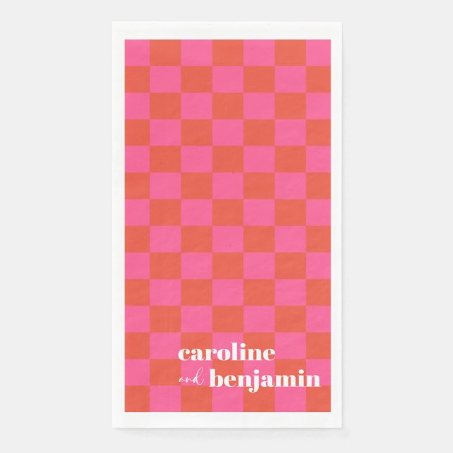 Serviette En Papier Mariage personnalisé en damier rose et rouge gras (Devant)