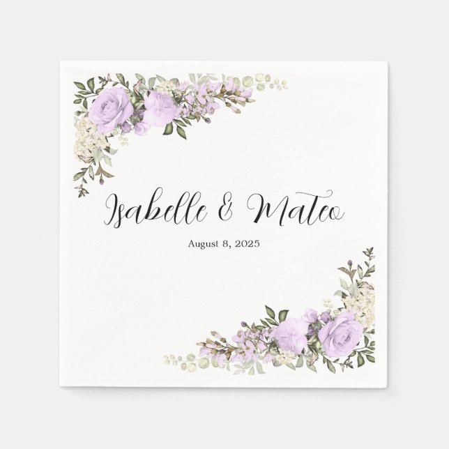 Serviette En Papier Mariage personnalisé floral violet et blanc (Devant)