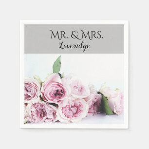 Serviette En Papier Mariage personnalisé M. et Mme Rose Floral Gris