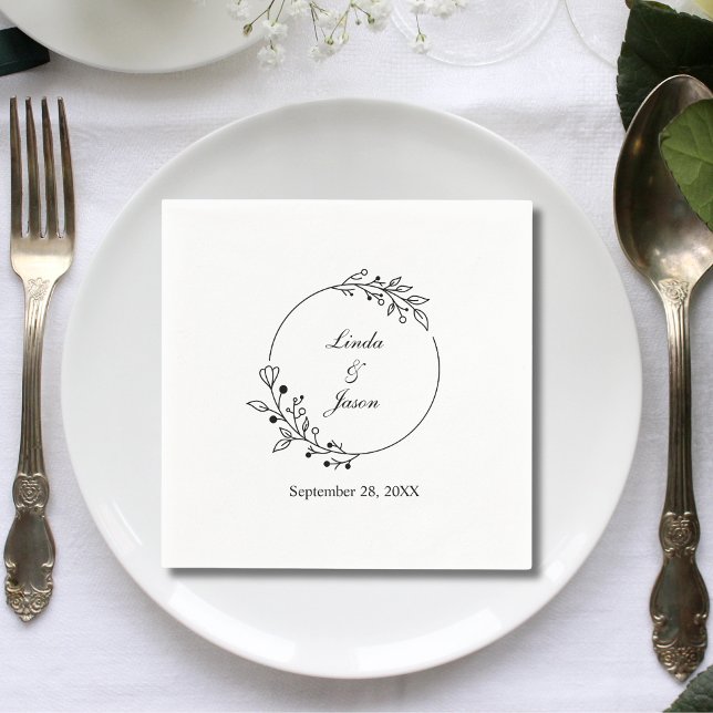 Serviette En Papier Mariage Personnalisé Minimaliste Rustique à Motif  (Personalized minimal rustic floral leaf napkins add natural charm to your wedding table)