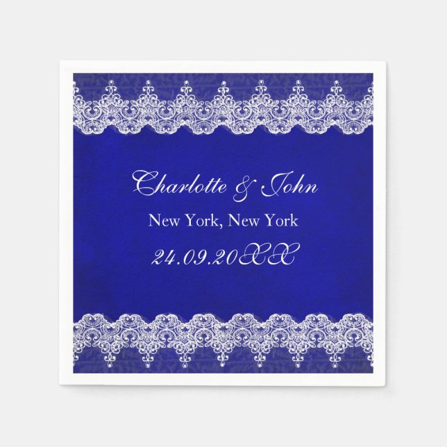 Serviette En Papier Mariage personnalisé Royal Cobalt Dentelle (Devant)